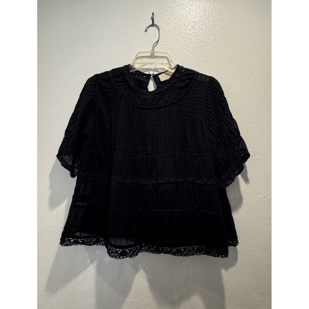 Love Sam Size XS Black Cotton Sheer‎ Lace Babydoll Blouse Top Anthropologie Boho